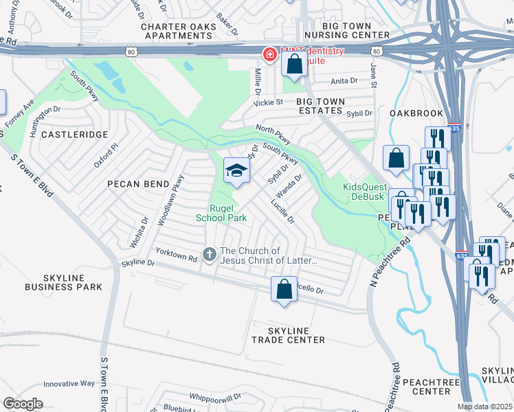 map of restaurants, bars, coffee shops, grocery stores, and more near 2704 Sybil Circle in Mesquite