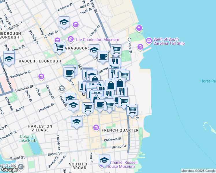 map of restaurants, bars, coffee shops, grocery stores, and more near 22 Wentworth Street in Charleston