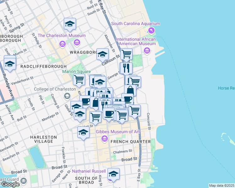 map of restaurants, bars, coffee shops, grocery stores, and more near 22 Wentworth Street in Charleston