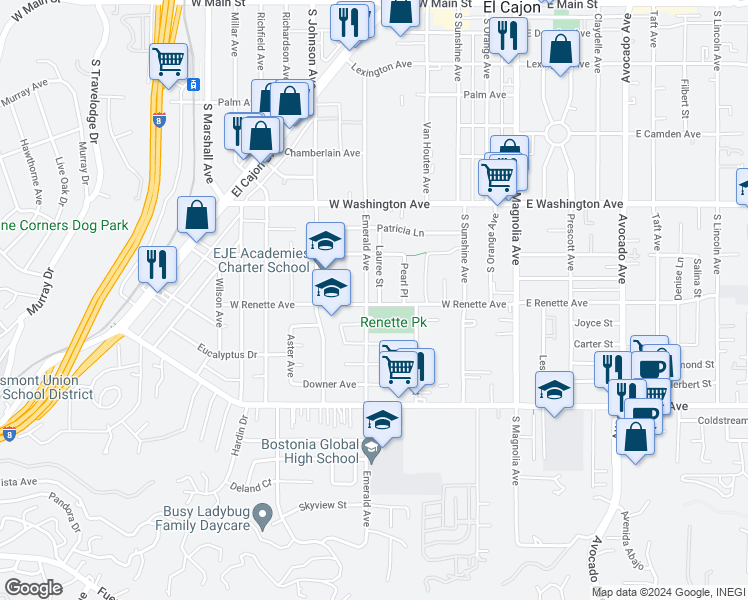 map of restaurants, bars, coffee shops, grocery stores, and more near 878 Lauree Street in El Cajon