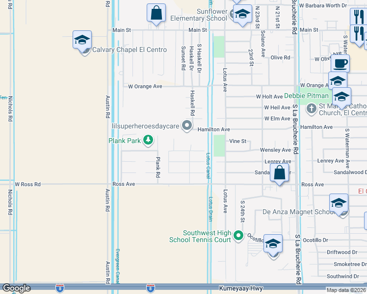 map of restaurants, bars, coffee shops, grocery stores, and more near 2720 Wensley Avenue in El Centro
