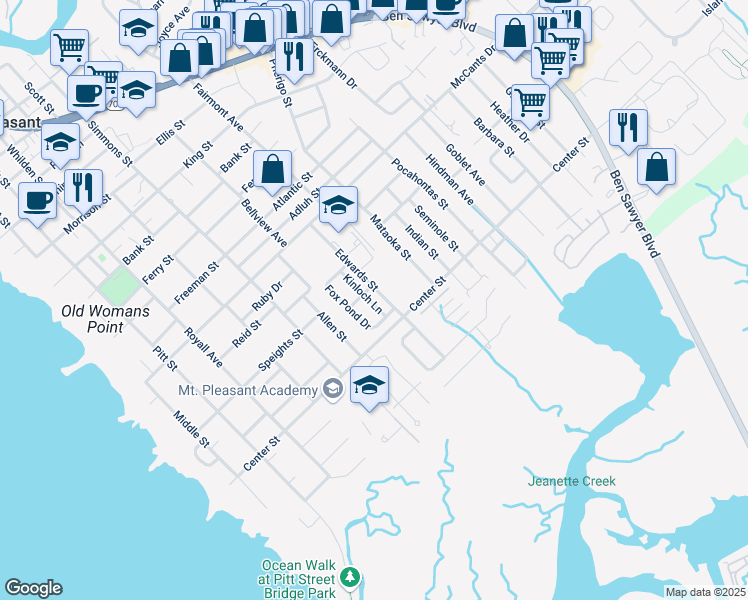 map of restaurants, bars, coffee shops, grocery stores, and more near 1484 Kinloch Lane in Mount Pleasant