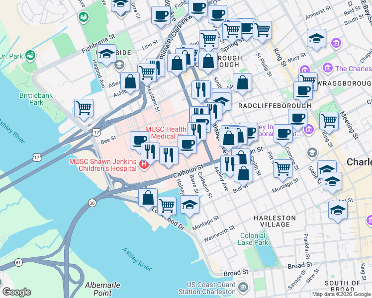 map of restaurants, bars, coffee shops, grocery stores, and more near 96 Jonathan Lucas Street in Charleston