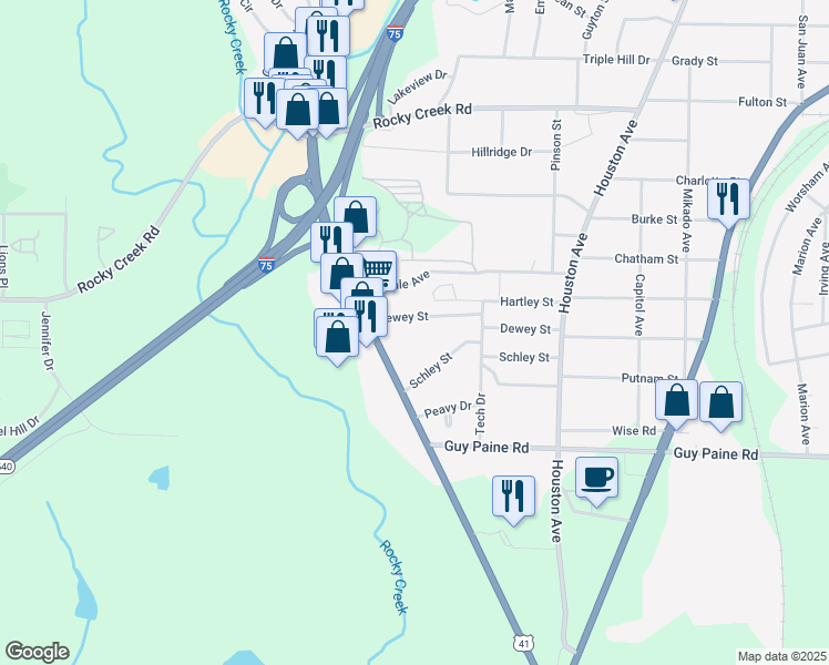map of restaurants, bars, coffee shops, grocery stores, and more near 1346 Dewey Street in Macon