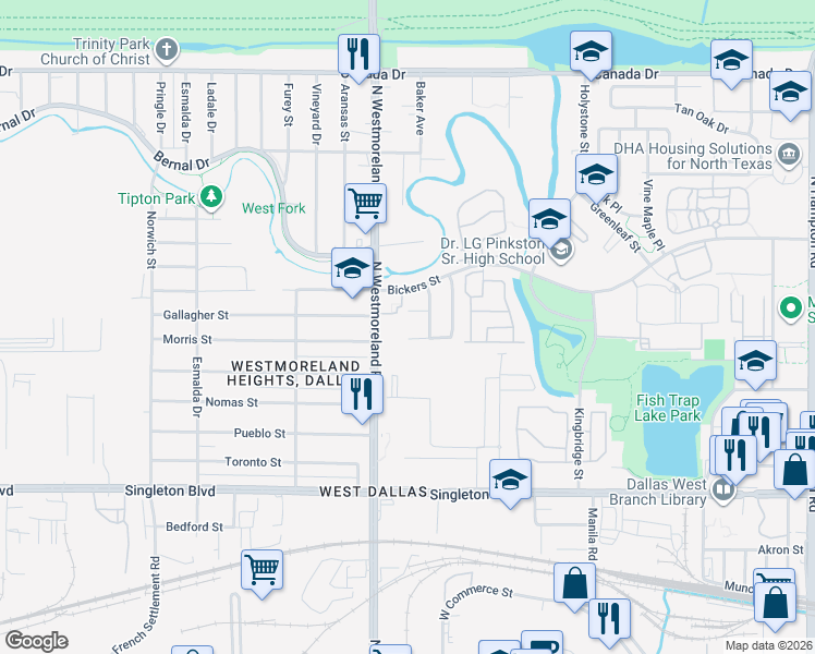 map of restaurants, bars, coffee shops, grocery stores, and more near 3149 Melissa River Way in Dallas