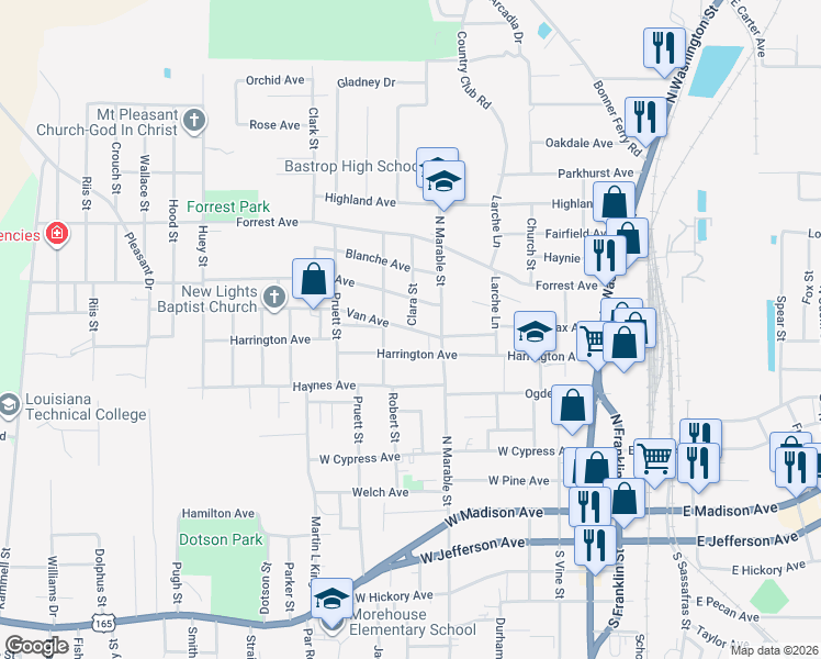map of restaurants, bars, coffee shops, grocery stores, and more near 701 Van Avenue in Bastrop