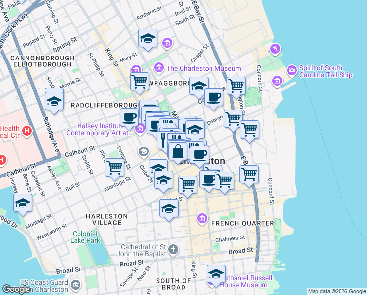 map of restaurants, bars, coffee shops, grocery stores, and more near 76 Society Street in Charleston