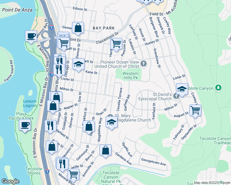 map of restaurants, bars, coffee shops, grocery stores, and more near 2212 Cecelia Terrace in San Diego