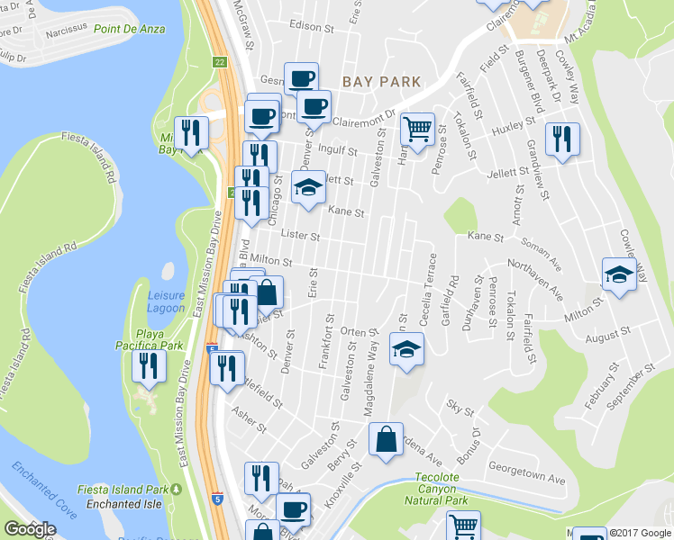 map of restaurants, bars, coffee shops, grocery stores, and more near Milton St & Frankfort St in San Diego