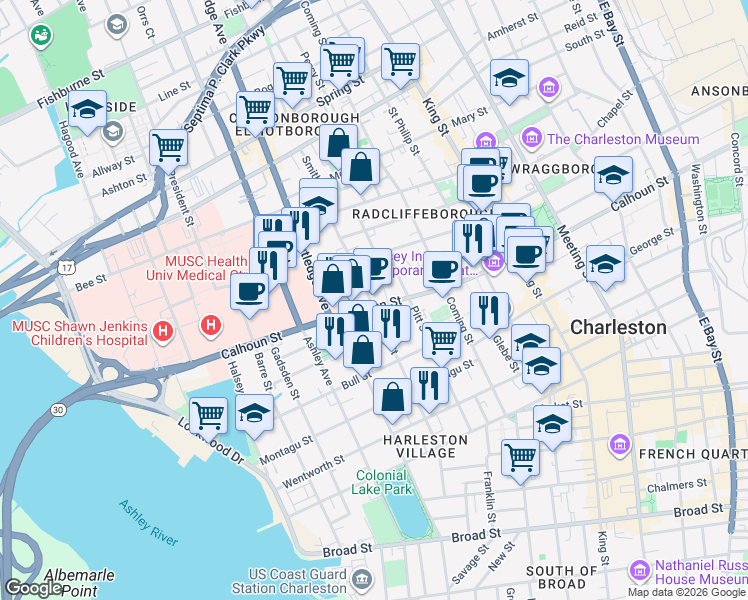 map of restaurants, bars, coffee shops, grocery stores, and more near 226 Calhoun Street in Charleston