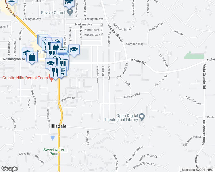 map of restaurants, bars, coffee shops, grocery stores, and more near 866 Alveda Avenue in El Cajon