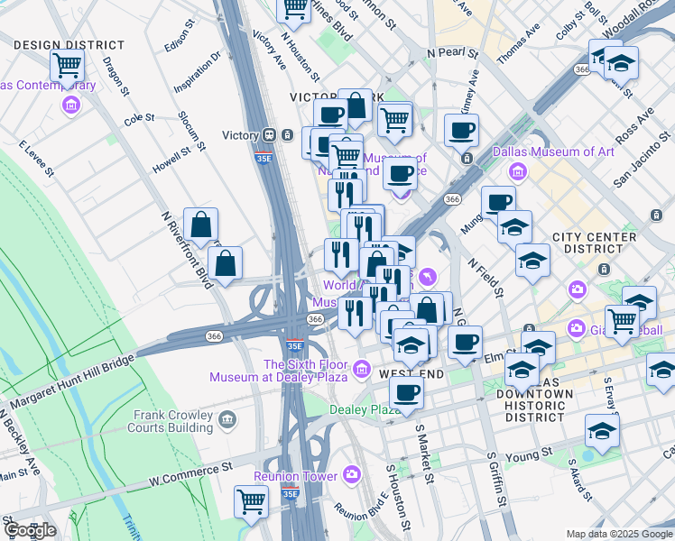 map of restaurants, bars, coffee shops, grocery stores, and more near 600 Continental Avenue in Dallas