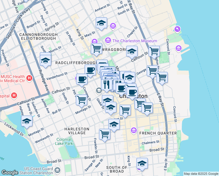 map of restaurants, bars, coffee shops, grocery stores, and more near 329 King Street in Charleston