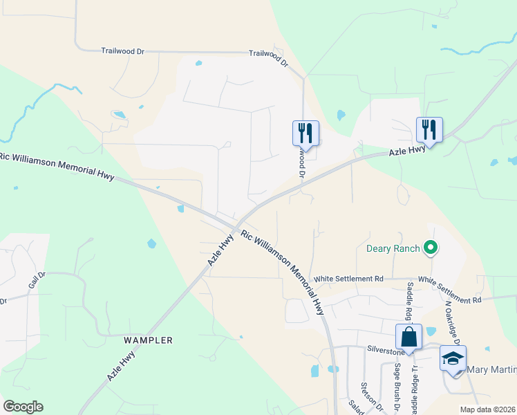 map of restaurants, bars, coffee shops, grocery stores, and more near 108 Sandstone Lane in Weatherford