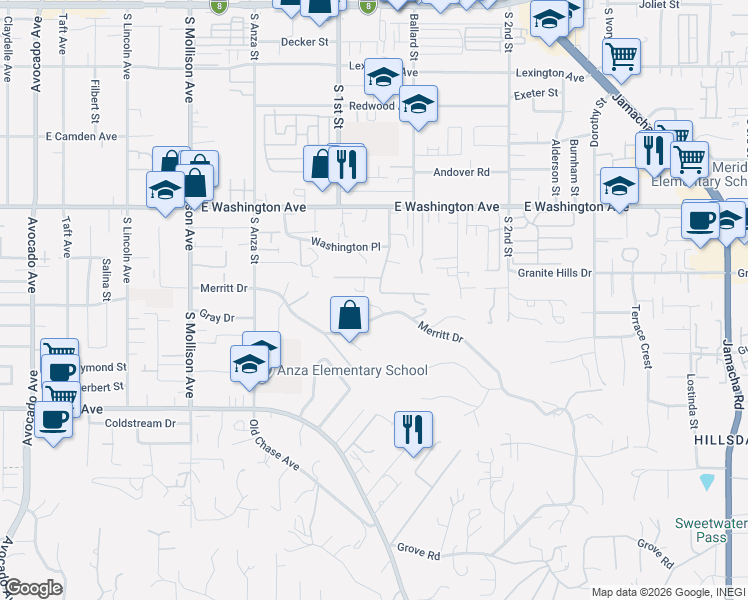 map of restaurants, bars, coffee shops, grocery stores, and more near 1174 Monterey Drive in El Cajon