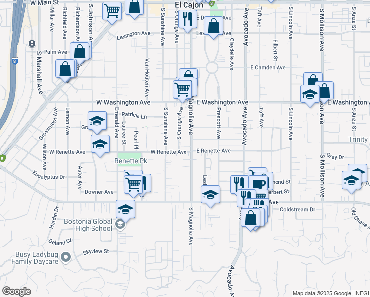 map of restaurants, bars, coffee shops, grocery stores, and more near 900 South Magnolia Avenue in El Cajon