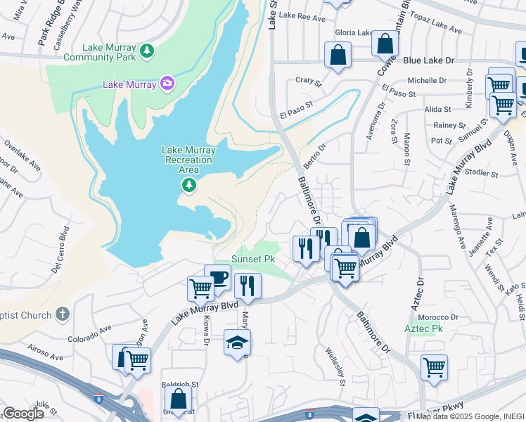map of restaurants, bars, coffee shops, grocery stores, and more near 5706 Baltimore Drive in La Mesa