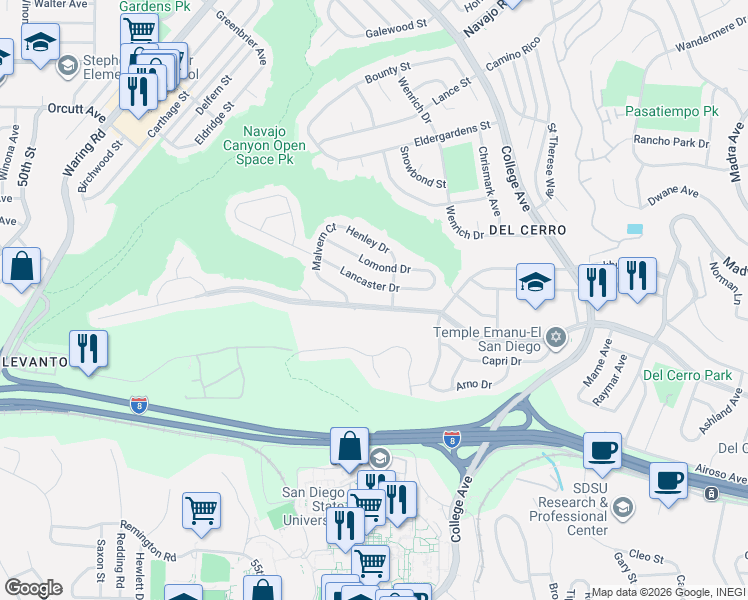 map of restaurants, bars, coffee shops, grocery stores, and more near 5915 Del Cerro Boulevard in San Diego