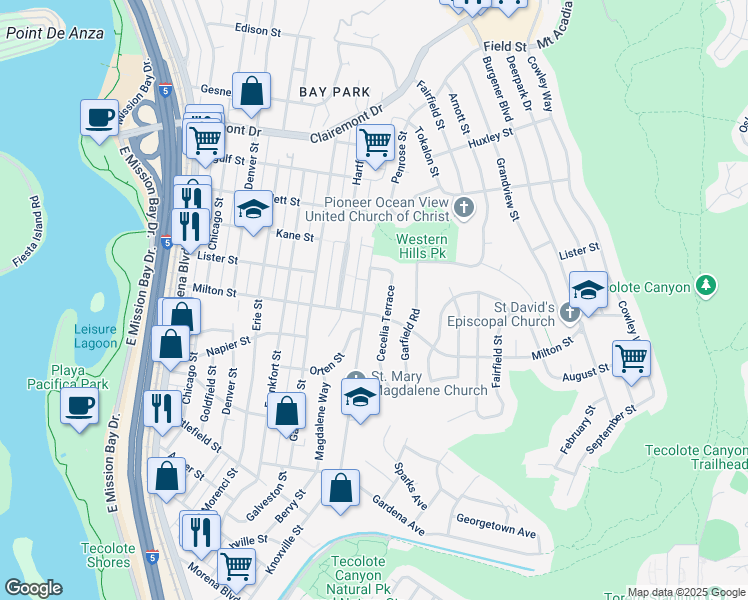 map of restaurants, bars, coffee shops, grocery stores, and more near 2212 Cecelia Terrace in San Diego