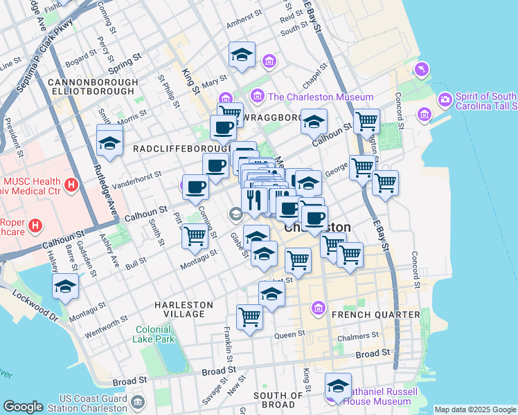 map of restaurants, bars, coffee shops, grocery stores, and more near 318 King Street in Charleston