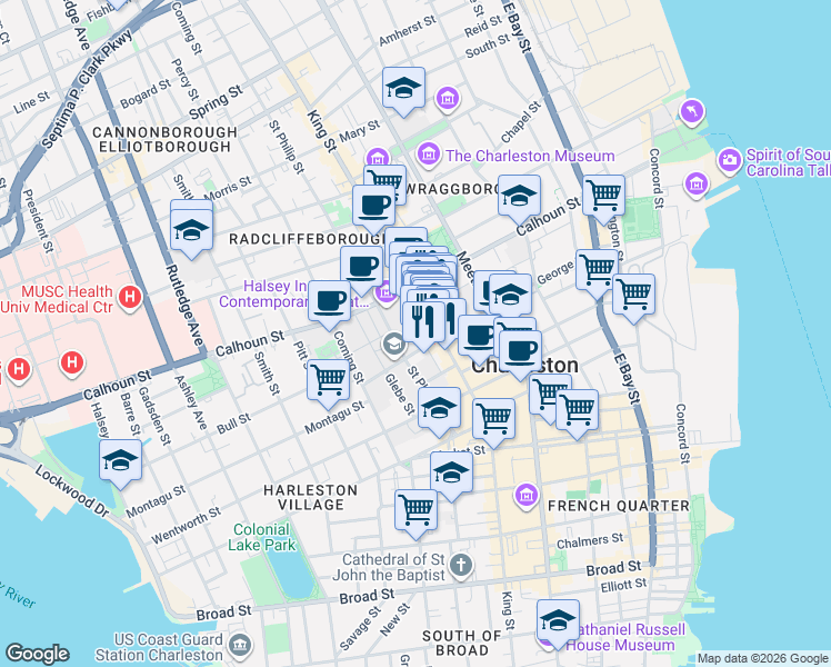 map of restaurants, bars, coffee shops, grocery stores, and more near 30 Saint Philip Street in Charleston