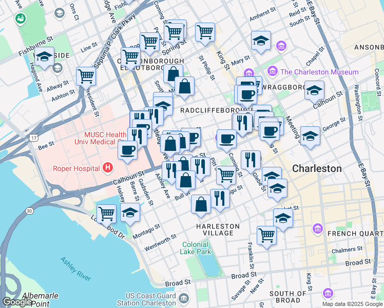 map of restaurants, bars, coffee shops, grocery stores, and more near 229 Calhoun Street in Charleston