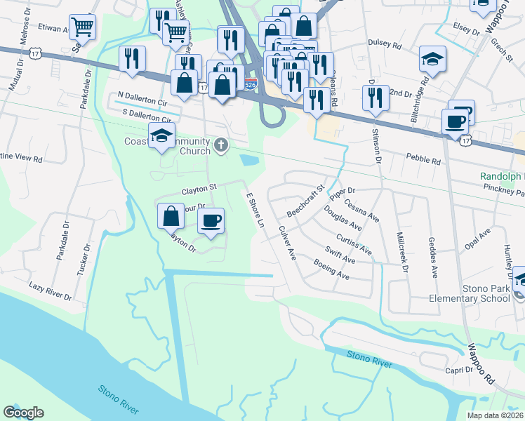 map of restaurants, bars, coffee shops, grocery stores, and more near 331 East Shore Lane in Charleston