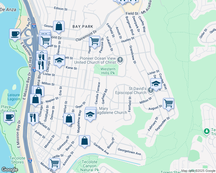map of restaurants, bars, coffee shops, grocery stores, and more near 2251 Garfield Road in San Diego