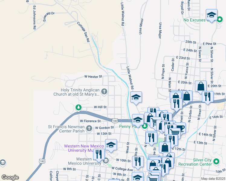 map of restaurants, bars, coffee shops, grocery stores, and more near 1803 North Georgia Street in Silver City
