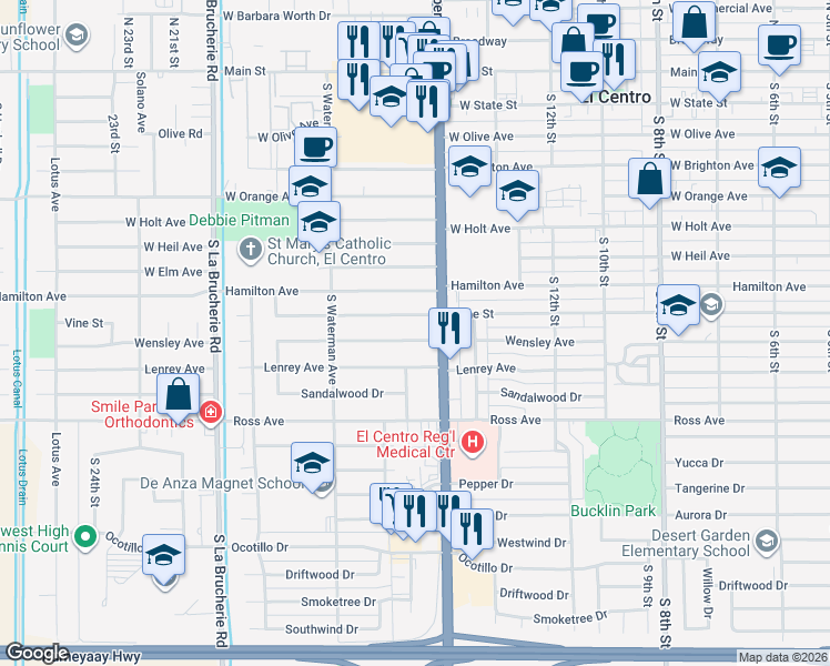 map of restaurants, bars, coffee shops, grocery stores, and more near 1513 Wensley Avenue in El Centro