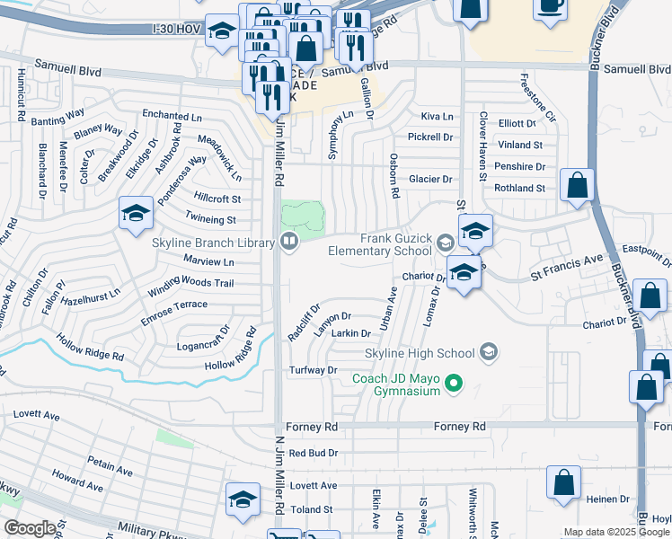 map of restaurants, bars, coffee shops, grocery stores, and more near 7112 Canyon Ridge Dr in Dallas