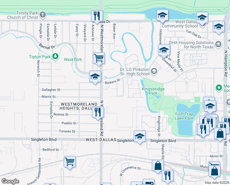 map of restaurants, bars, coffee shops, grocery stores, and more near 3500 Melinda Hills Drive in Dallas