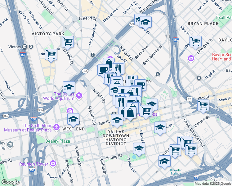 map of restaurants, bars, coffee shops, grocery stores, and more near 500 North Akard Street in Dallas