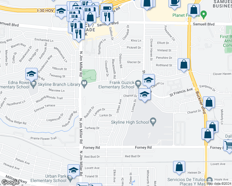 map of restaurants, bars, coffee shops, grocery stores, and more near 7136 Canyon Ridge Drive in Dallas