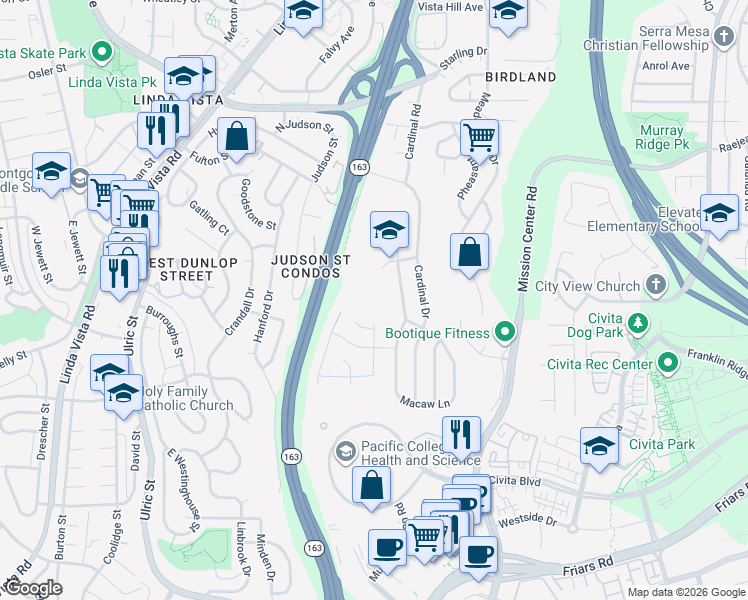 map of restaurants, bars, coffee shops, grocery stores, and more near 7666 Bobolink Way in San Diego
