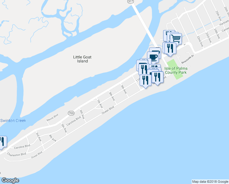 map of restaurants, bars, coffee shops, grocery stores, and more near 805 Carolina Boulevard in Isle of Palms