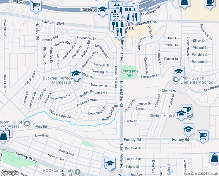 map of restaurants, bars, coffee shops, grocery stores, and more near 5849 Winding Woods Trail in Dallas