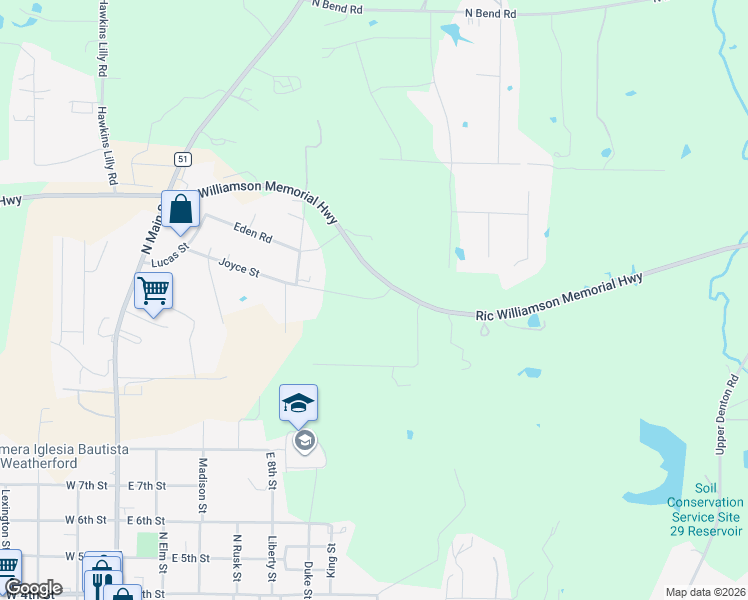 map of restaurants, bars, coffee shops, grocery stores, and more near 501 Joyce Street in Weatherford