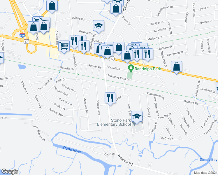 map of restaurants, bars, coffee shops, grocery stores, and more near 1771 Harrison Avenue in Charleston