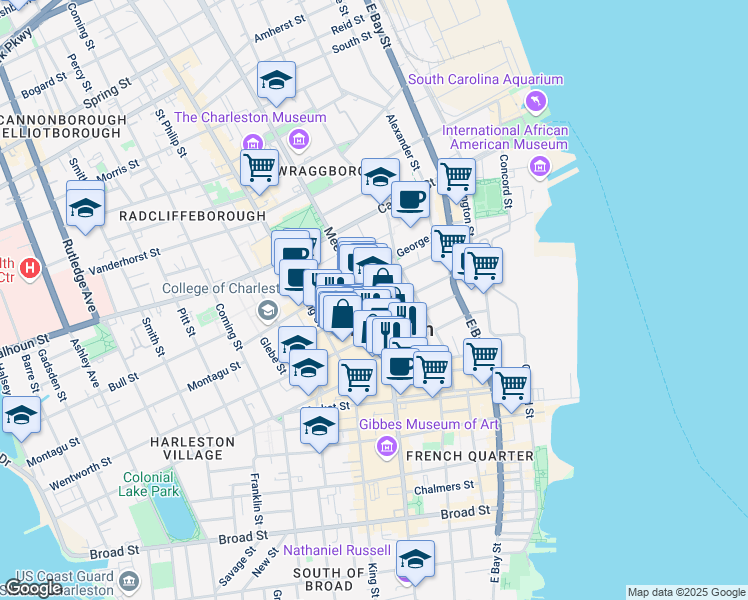 map of restaurants, bars, coffee shops, grocery stores, and more near in Charleston