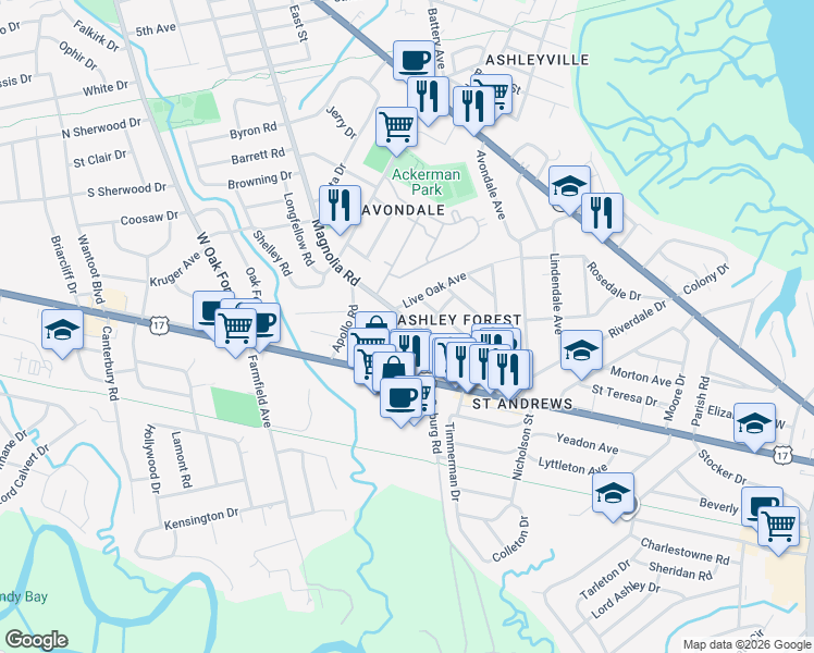 map of restaurants, bars, coffee shops, grocery stores, and more near 304 Magnolia Road in Charleston