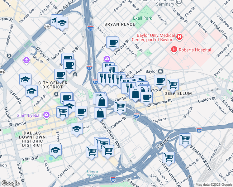map of restaurants, bars, coffee shops, grocery stores, and more near 2500 Pacific Avenue in Dallas
