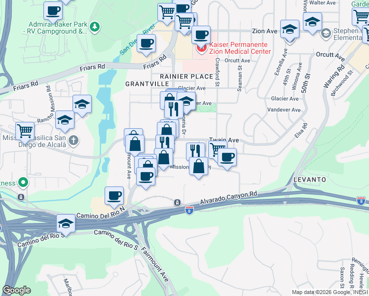 map of restaurants, bars, coffee shops, grocery stores, and more near 6052 Mission Gorge Road in San Diego