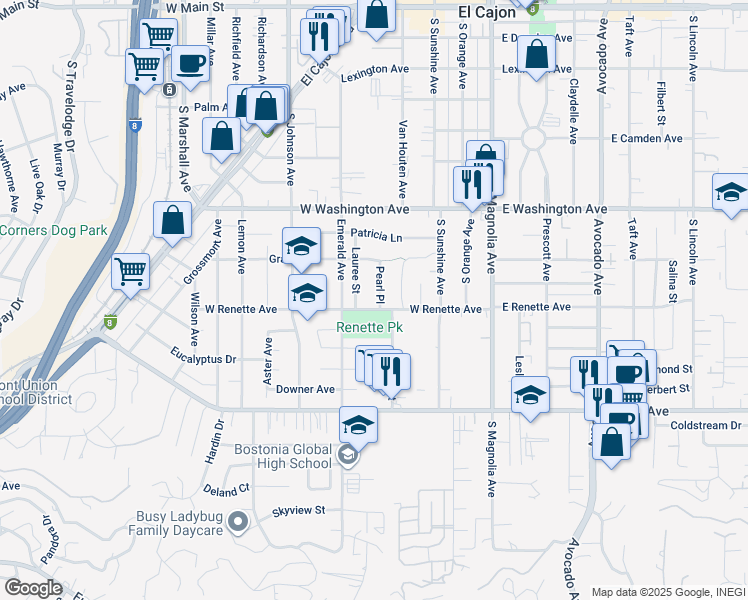 map of restaurants, bars, coffee shops, grocery stores, and more near 868 Pearl Place in El Cajon