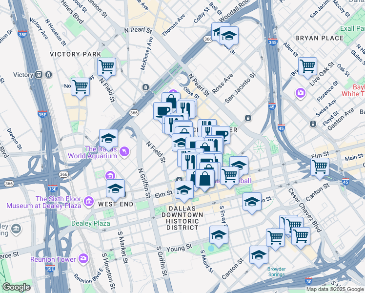 map of restaurants, bars, coffee shops, grocery stores, and more near 500 North Akard Street in Dallas