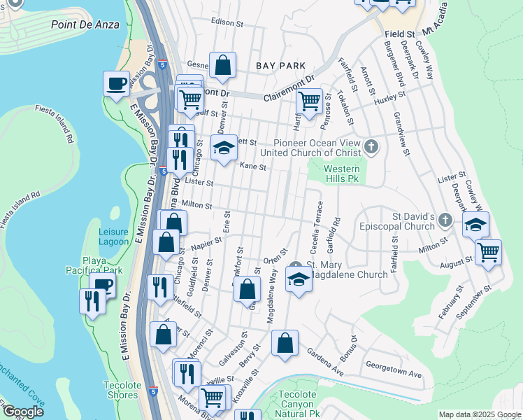 map of restaurants, bars, coffee shops, grocery stores, and more near 4542 Milton Street in San Diego