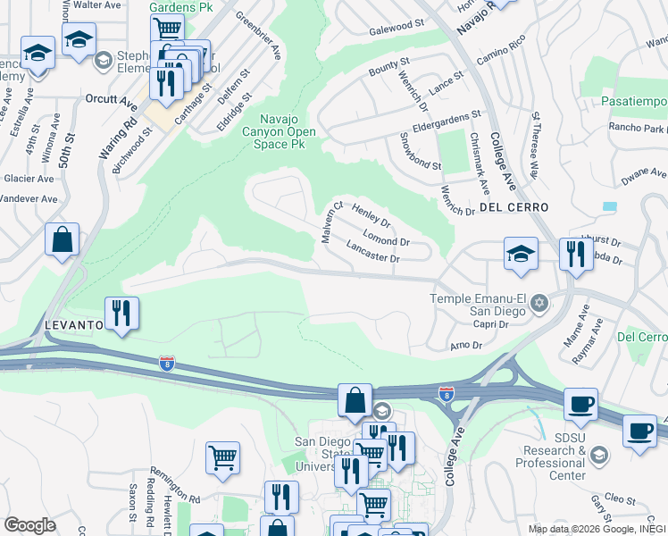 map of restaurants, bars, coffee shops, grocery stores, and more near 5858 Del Cerro Boulevard in San Diego