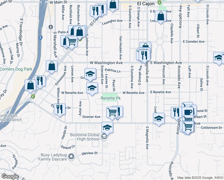 map of restaurants, bars, coffee shops, grocery stores, and more near 868 Pearl Place in El Cajon