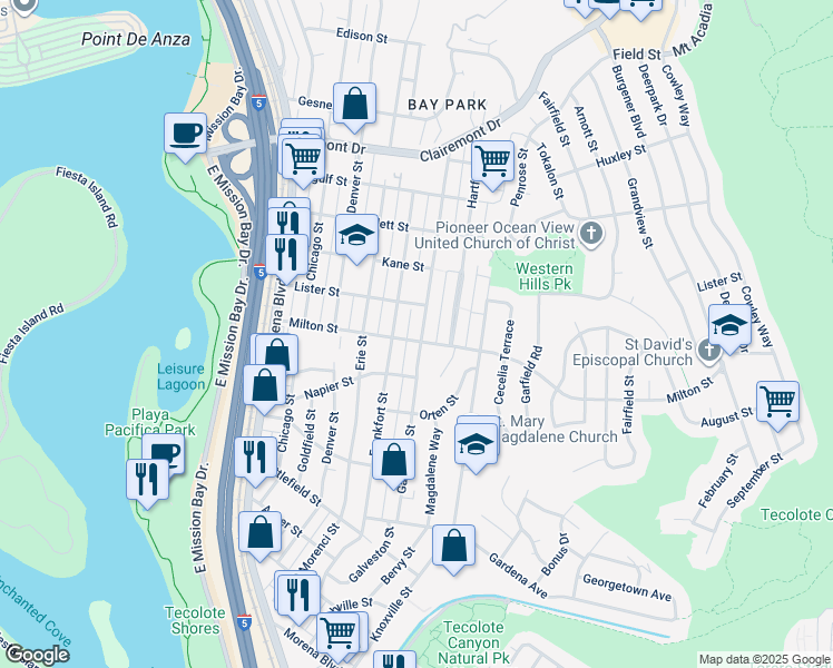 map of restaurants, bars, coffee shops, grocery stores, and more near 4542 Milton Street in San Diego