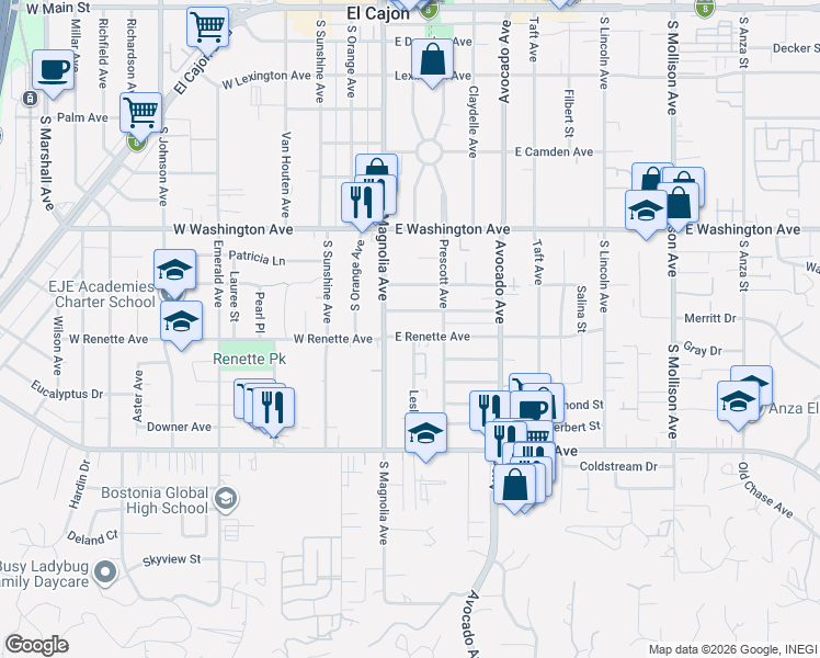 map of restaurants, bars, coffee shops, grocery stores, and more near 171 East Renette Avenue in El Cajon